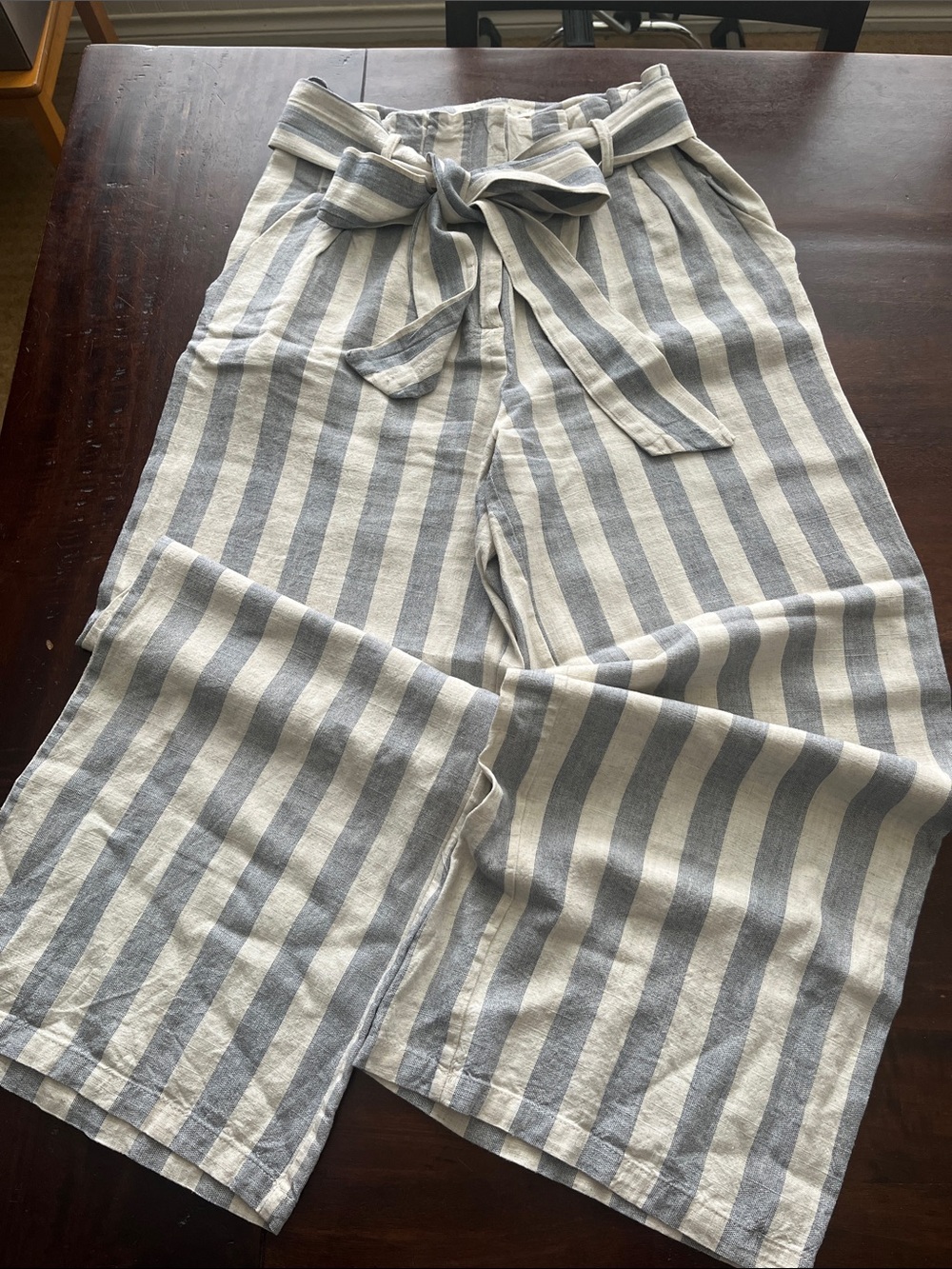 ILLA ILLA Blue and White Striped Paperbag Waist Wide-Leg Pants